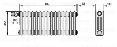 Схема (чертеж) Радиатор Zehnder Charleston 3040/15 №V012 Белый глянцевый RAL 9016